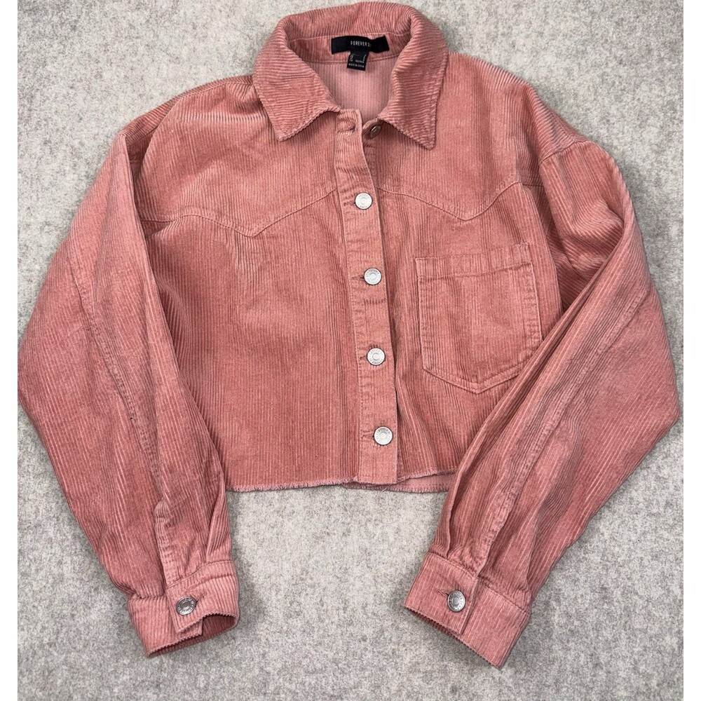 Forever 21 Corduroy Cropped Jacket Shacket Pink Raw Hem Button Up Size S